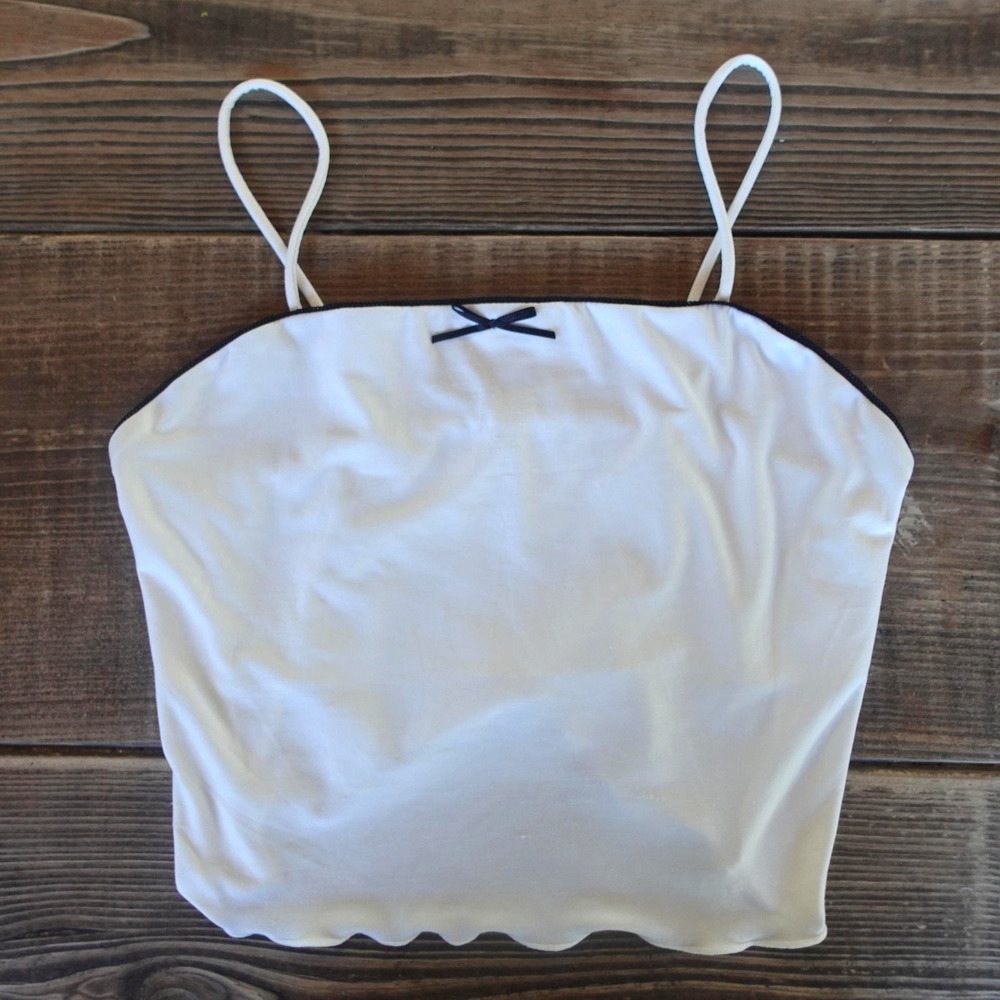 Y2K Cami Tank Top Womens Small White Bow Trim Cropped Fairy‎ Coquette Babydoll